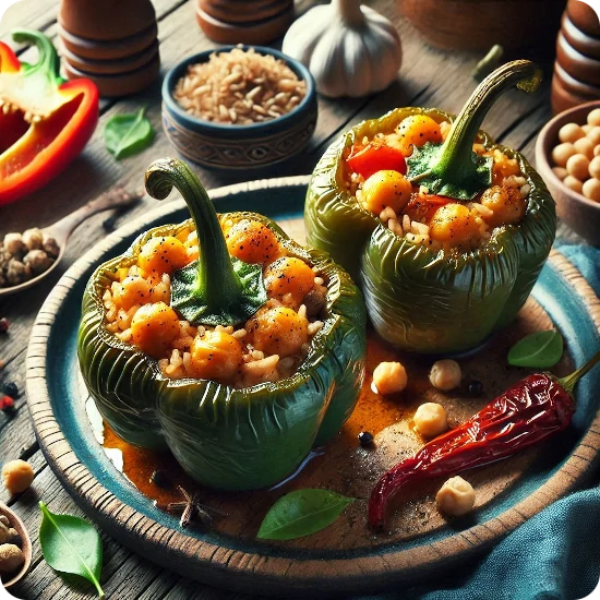 Pimientos Rellenos de Arroz, Garbanzos y Especias hechos con barbacoa